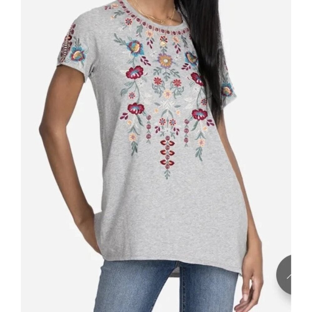 Johnny Was Gray Embroidered Floral Tunic Top